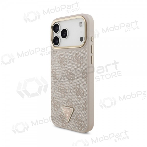 Apple iPhone 18 Pro hoesje - Guess PU Leather 4G Strass Triangle Logo Gold Frame MagSafe (roze)